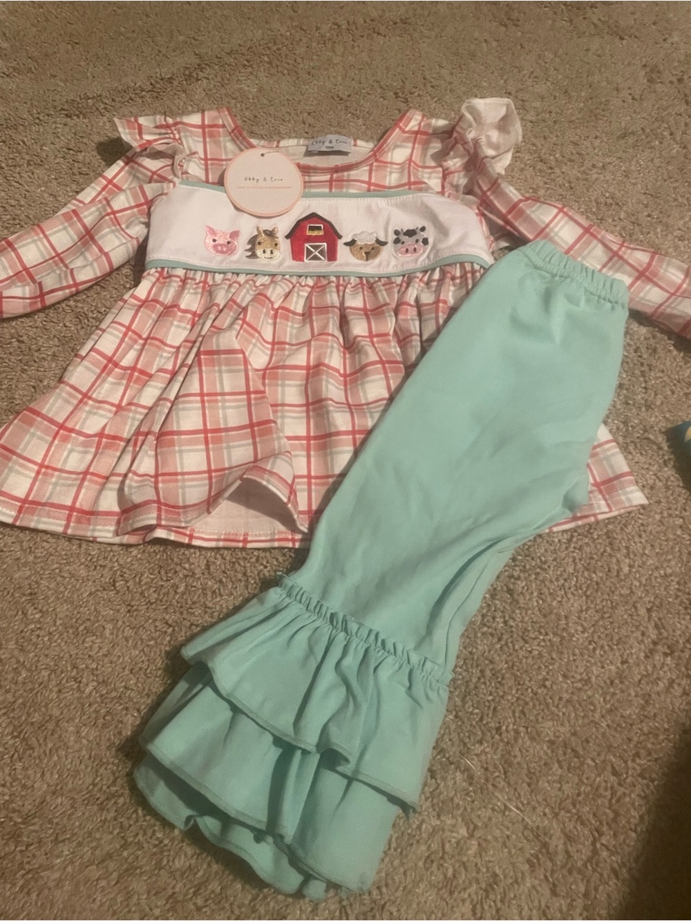 Smocked Farm Animal Plaid Top with Mint Ruffle Pants